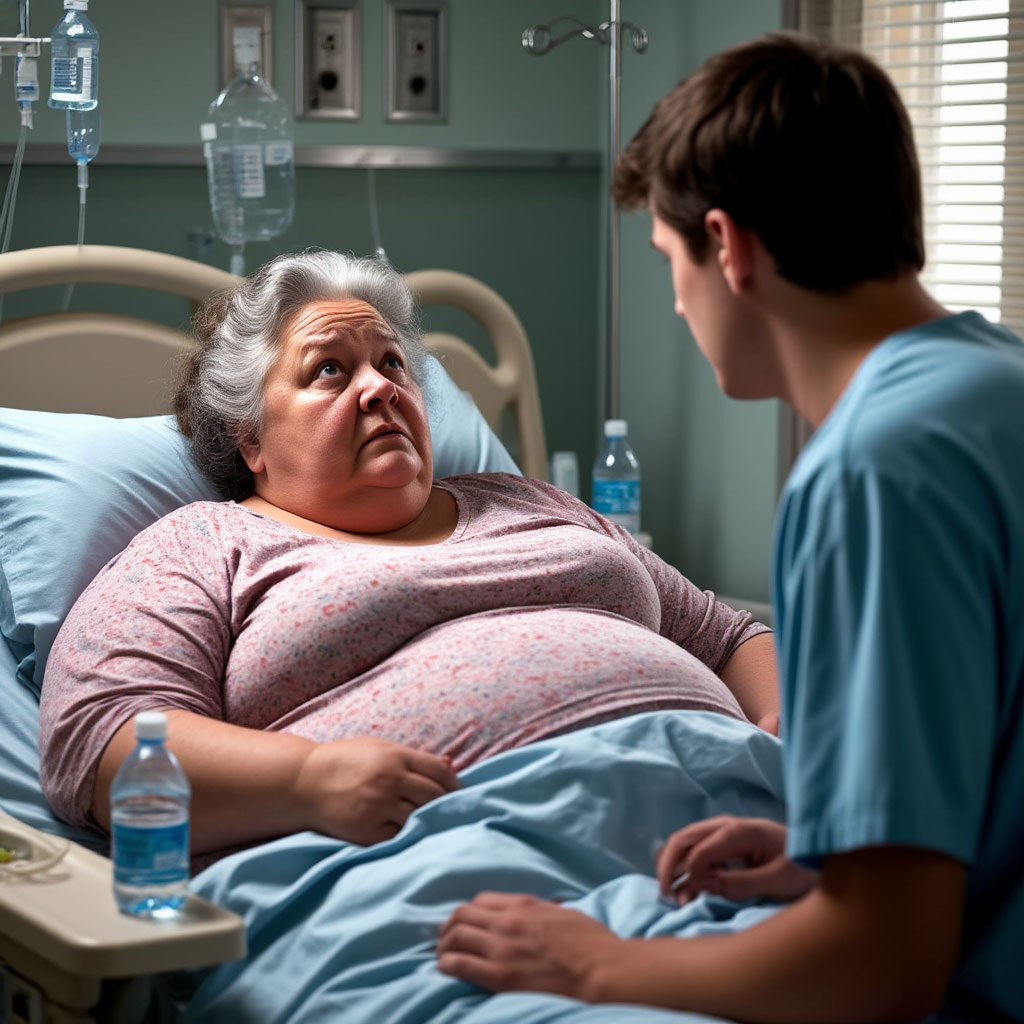 картинка создана нейросетью по заданию автора Сын навестил мать в больнице