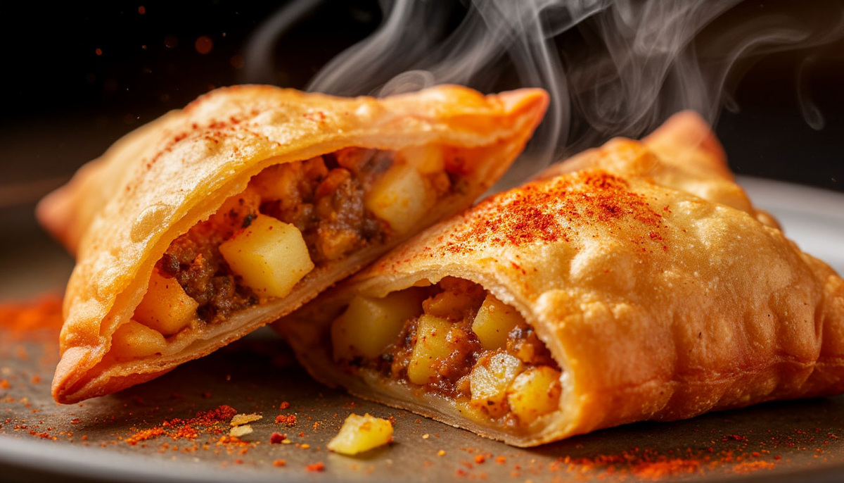 Хрустящая индийская самоса с картофельной начинкой и пряностями крупным планом.