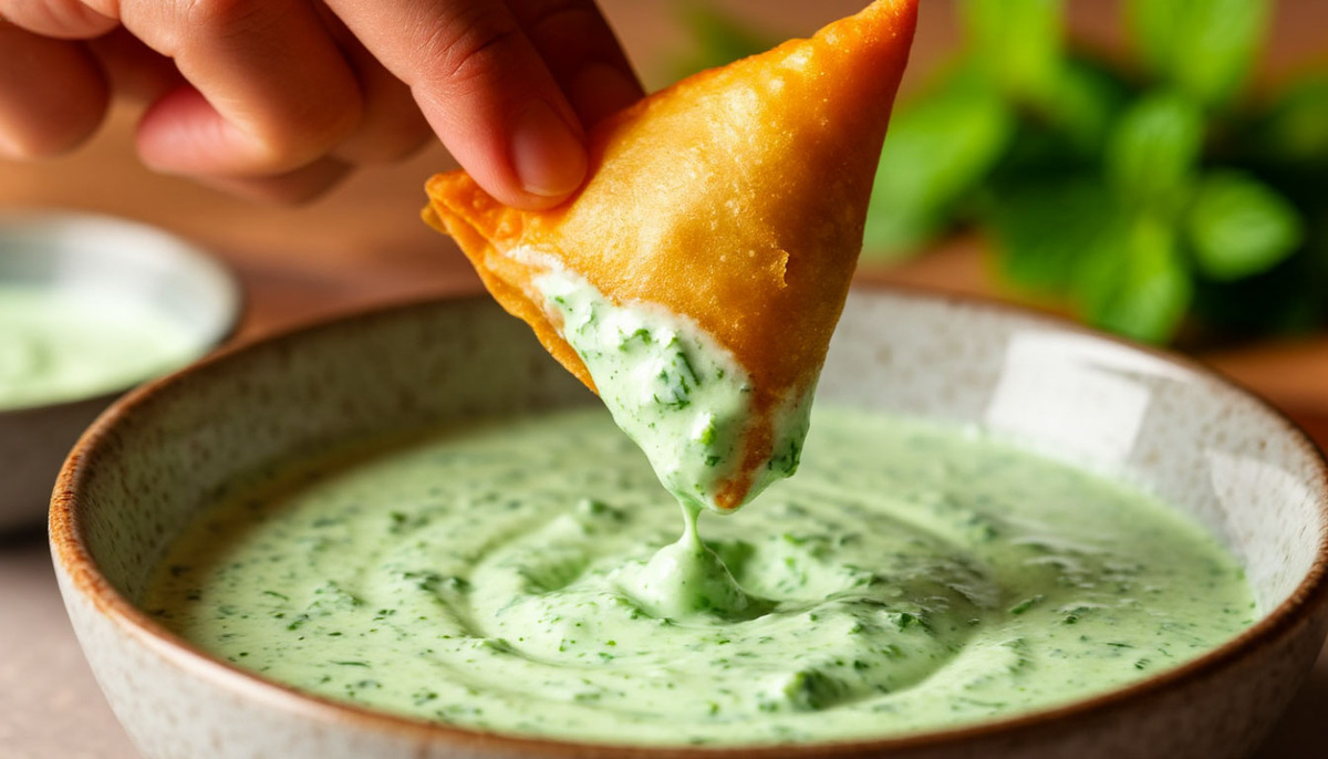 Обмакивание горячей самосы в традиционный индийский соус чатни.