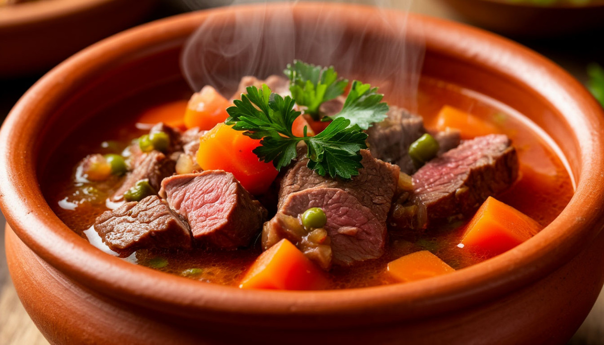 Ароматная балканская чорба с бараниной и свежей зеленью в глиняной посуде.