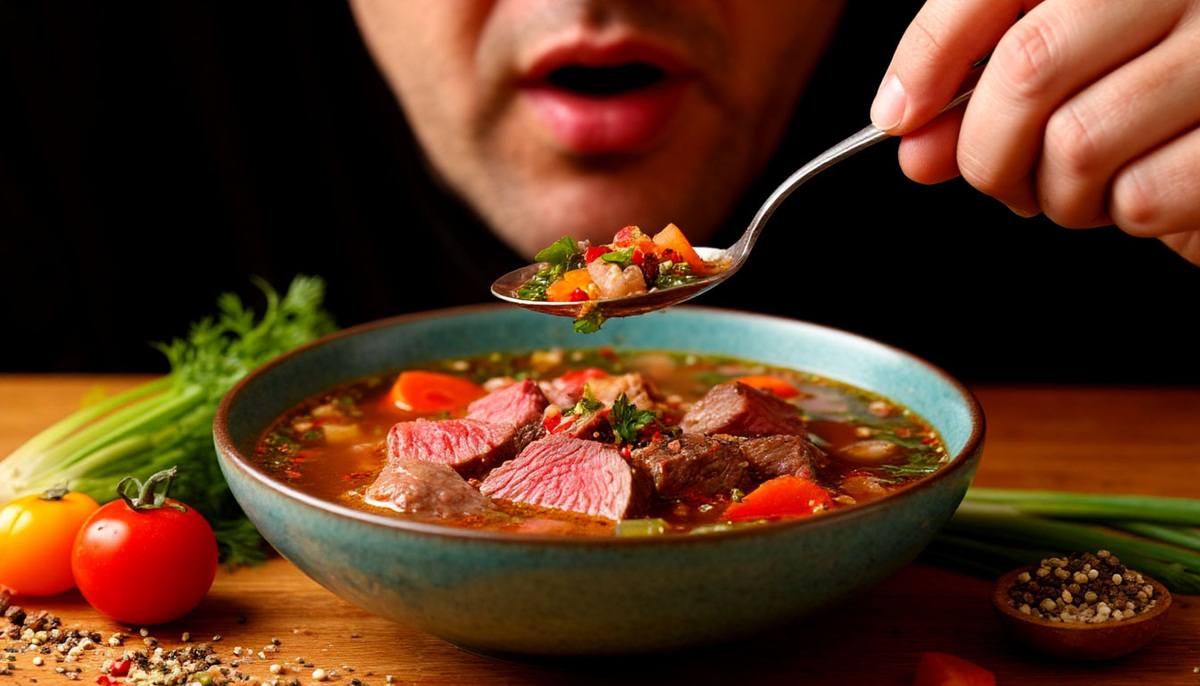 Первая дегустация горячего традиционного супа чорба с бараниной.