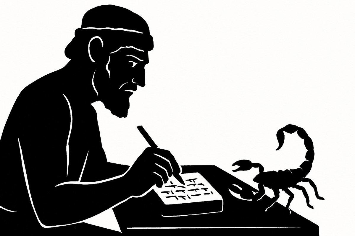 Шумерский писец застыл в раздумьях: скорпион на табличке — знак, угроза или послание богам?