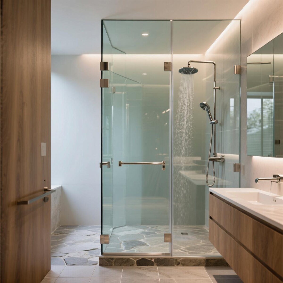 Визуал душевой с распашной состемой открывания.