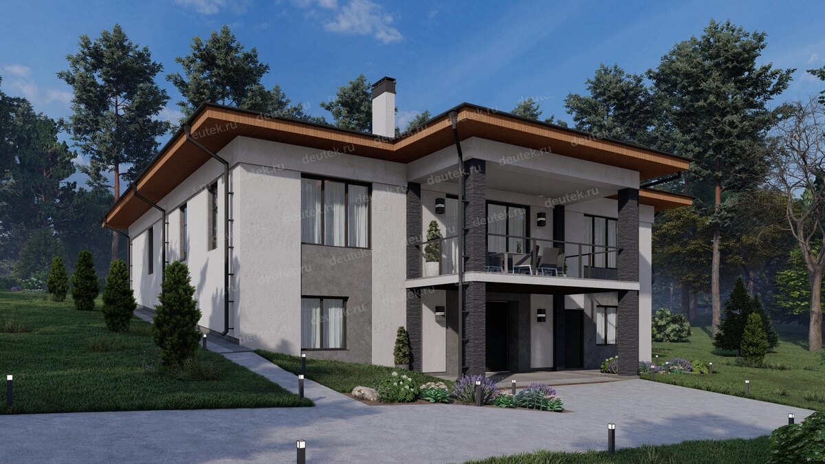 Проект одноэтажного дома 356 м2 с гаражом, балконом, террасой и цоколем