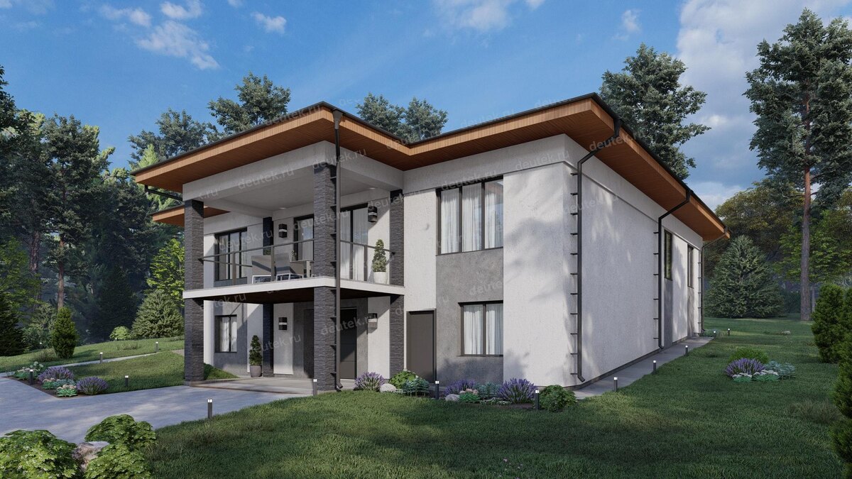 Проект одноэтажного дома 356 м2 с гаражом, балконом, террасой и цоколем