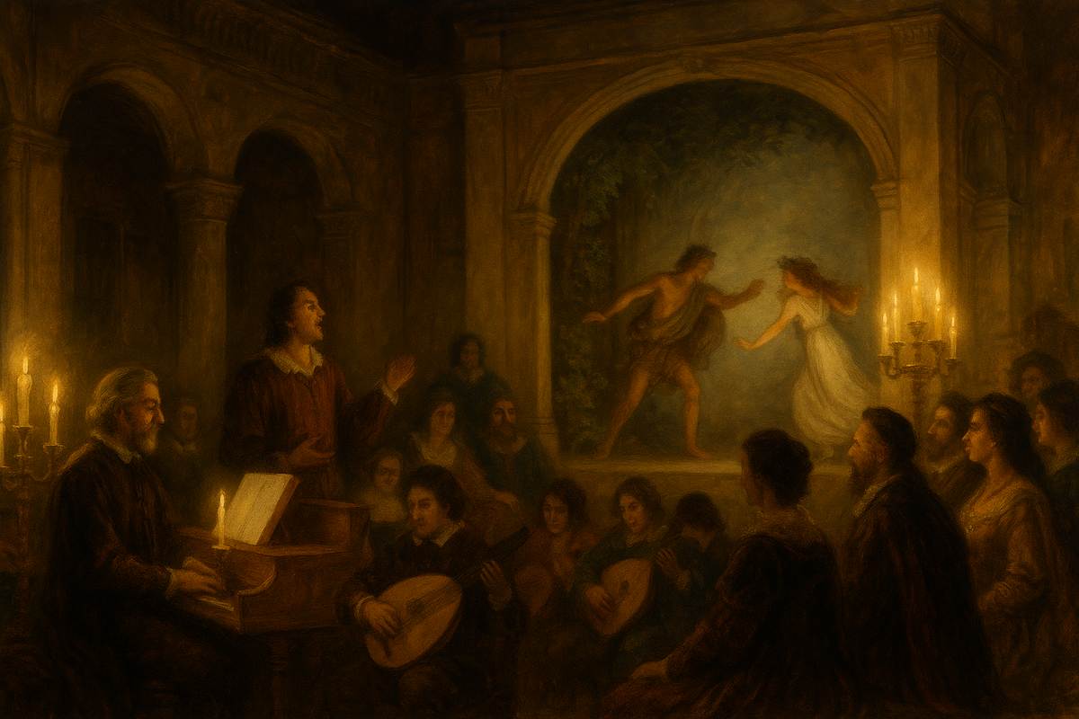 Флоренция, конец XVI века: камерное представление «Дафны» Якопо Пери при свечах.