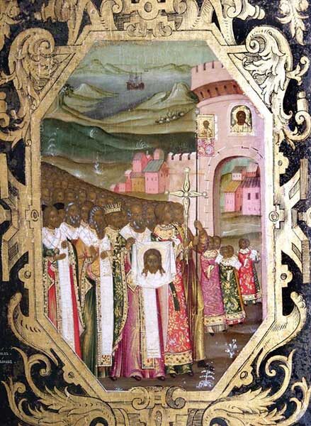 РАМА СО СКАЗАНИЕМ О СПАСЕ НЕРУКОТВОРНОМ. 1694. Кирилл Иванов Уланов. Москва, Оружейная палата. Дерево, темпера; 143 × 101,5 см. Фрагмент - клеймо 11. Перенесение Нерукотворного образа в Константинополь. Местный ряд иконостаса верхнего храма церкви Покрова в Филях.  Собрание Музея им.Андрея Рублева