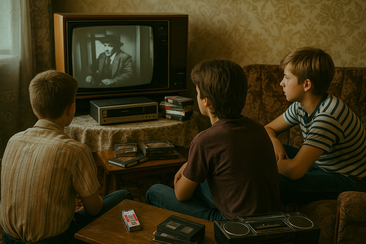 Вечер в советской квартире: друзья собрались у видеомагнитофона, чтобы посмотреть кассету, которую доставали почти как золото.