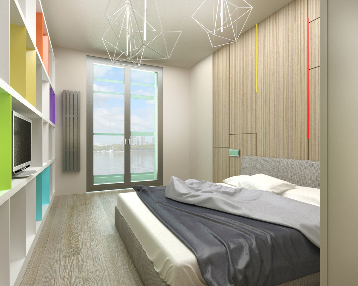 Спальна в визуальном плане составляет единое целое с гостиной. Тема майского дождя и гравюр Хокусая здесь раскрываются через стеллаж и отделку стены у изголовья кровати.