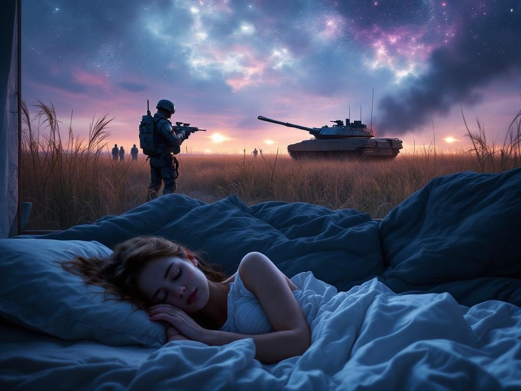    К чему такое снится: На картине изображено поле вблизи аэропорта с фигурой в военной форме спецподразделения, стоящей рядом с колонной БМП. Вдалеке видны камыши и солдаты, открывающие ог