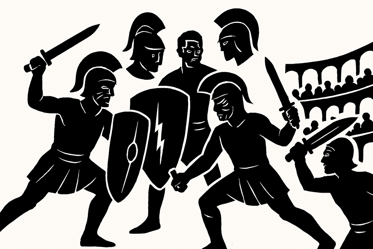Черные силуэты воинов и зрителей