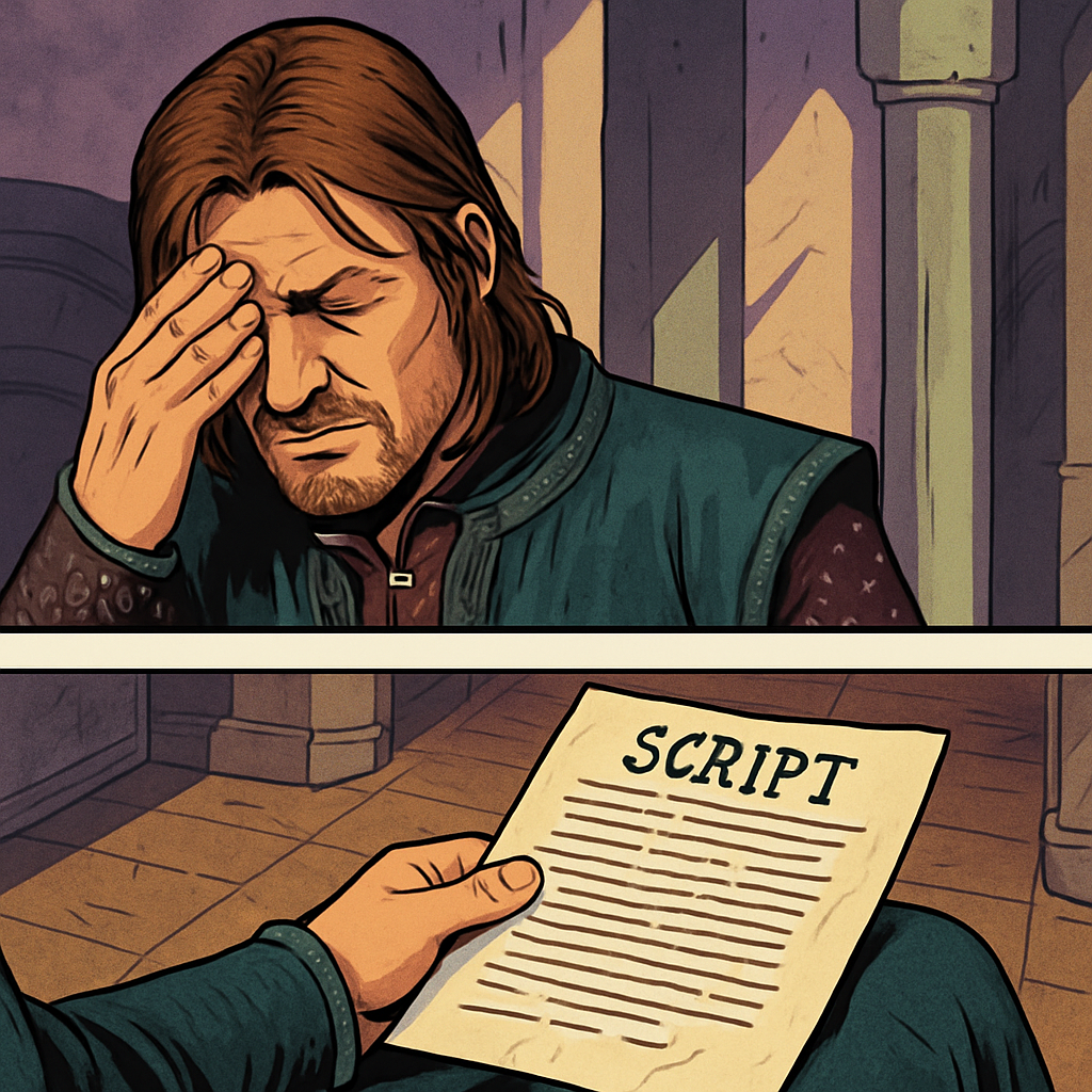 Кстати, во время этого монолога актер Шон Бин подглядывал в шпаргалку на колене: он смотрел вниз и тер лоб, прикрывая свой взгляд.