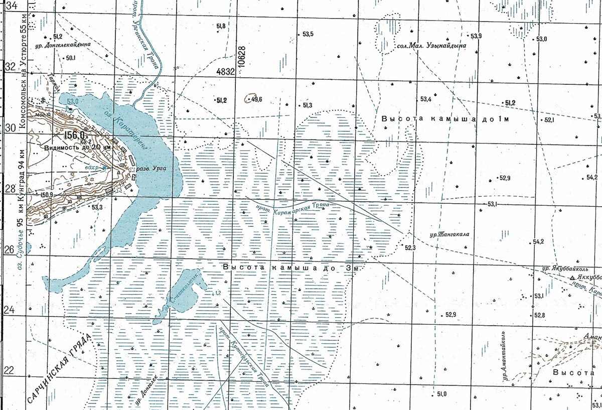 Фрагмент листа карты К-40-022, М 1:100000 с кончиком мыса Урга, одноименным заброшенным поселком рыбаков и озером Каратеренг (часть Судочьего), состояние местности на 1978 год