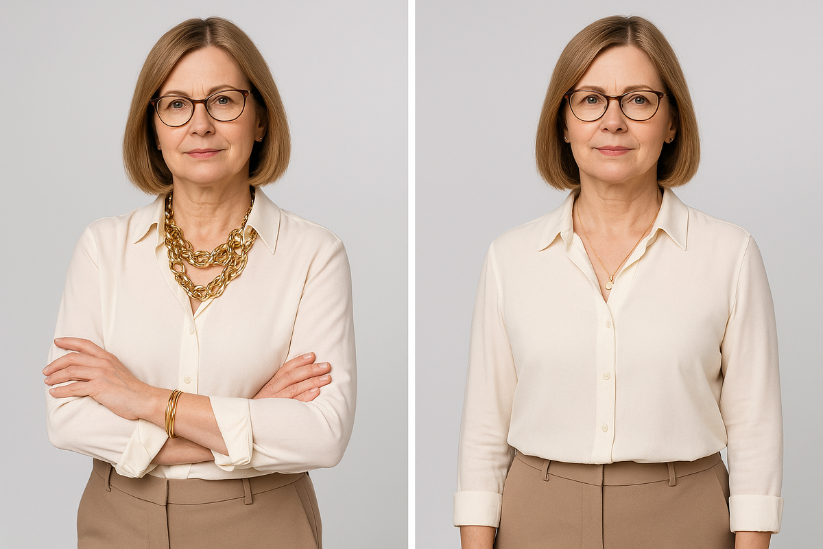 До: тонкая блуза плюс массивное колье, украшение «давит», образ тяжелеет.