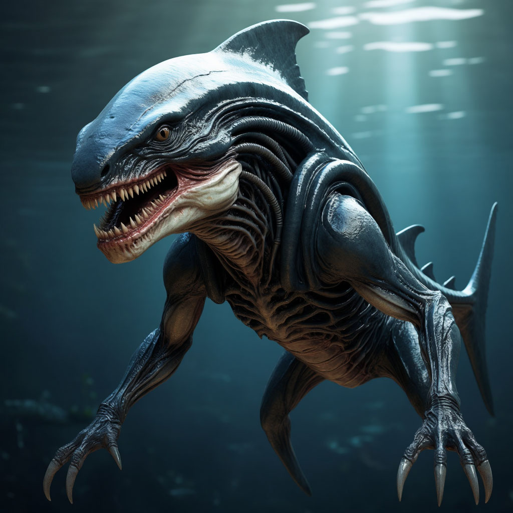 Гибрид ксеноморфа и акулы представляет собой устрашающее существо, сочетающее в себе черты обоих видов. Его тело покрыто гладкой, блестящей бронёй, напоминающей чешую акулы, но с характерными складками и узорами, свойственными ксеноморфам. Голова вытянутая, с острыми зубами, расположенными в несколько рядов, что делает его челюсти невероятно мощными и смертоносными. Глаза ярко-жёлтые, с вертикальными зрачками, что придаёт взгляду хищника особую зловещую выразительность.

На спине существа расположены плавники, похожие на акулий, но с острыми шипами, которые могут использоваться как оружие. Конечности мощные, с длинными когтями, способными разрывать даже самые прочные материалы. Хвост напоминает хвостовой плавник акулы, но усилен костяными пластинами, что позволяет гибриду развивать высокую скорость в воде.

Этот гибрид идеально приспособлен для жизни в водной среде, но его биологические особенности позволяют ему выживать и на суше. Он обладает невероятной выносливостью, способностью к регенерации и острым обонянием, что делает его опасным хищником в любой среде.