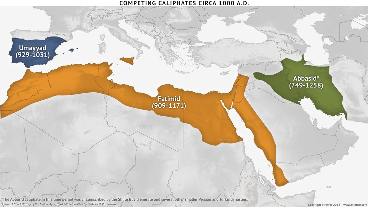Слева направо: Омейядский, Фатемидский и Аббасидский халифаты.