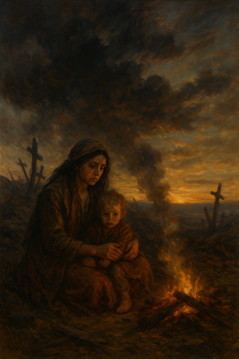 Эта картина (третья иллюстрация) передает личную сторону катастрофы: после битвы мать держит ребёнка у тлеющего костра. На заднем плане – кресты и дым. Взгляд женщины – это взгляд тысяч безымянных матерей, потерявших сыновей и мужей. Даже в мраке — луч надежды вдали. Разместите иллюстрацию в части статьи, где описываются личные истории, чтобы усилить эмоциональный эффект.