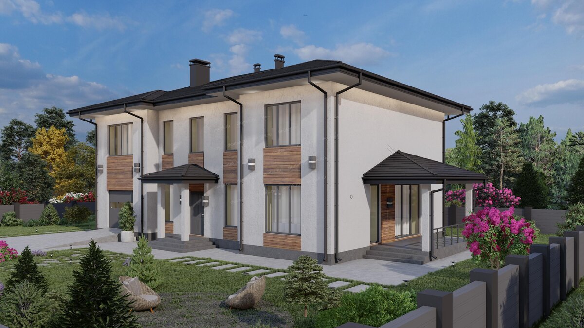 Проект двухэтажного дома 277 м2 с одноместным гаражом и террасой