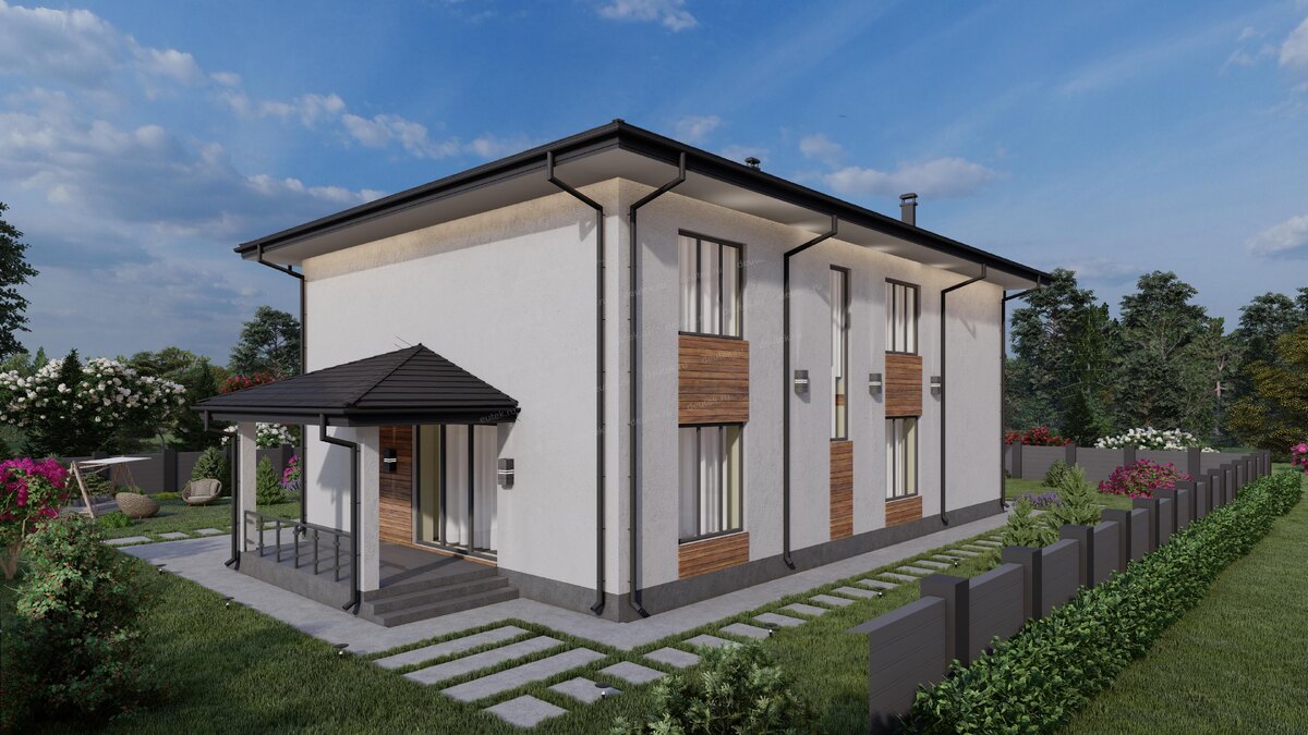 Проект двухэтажного дома 277 м2 с одноместным гаражом и террасой