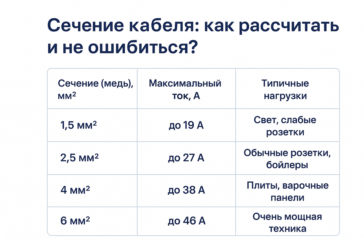 Таблица сечение кабеля