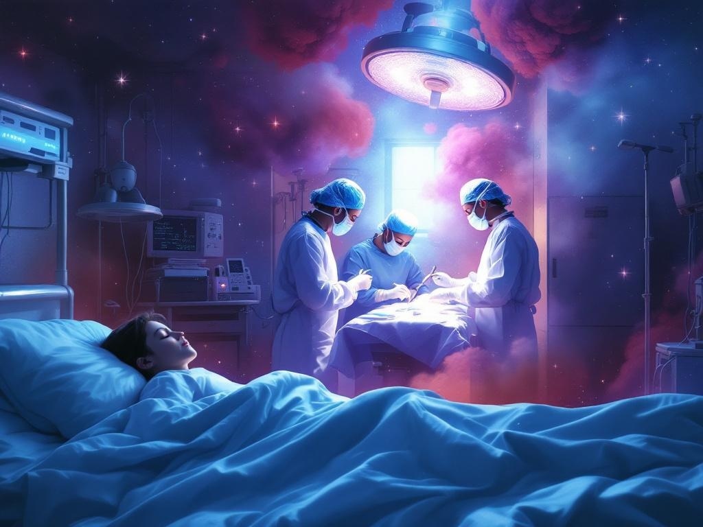    К чему такое снится: Художник рисует сцену, где человек в спящем виде наблюдает за собственной операцией, как будто стоит в углу операционной. Поблизости изображены хирурги в процессе вы