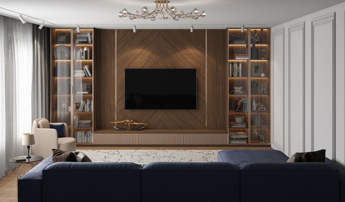 Гостиная с дизайнерской стеновой панелью и витринами