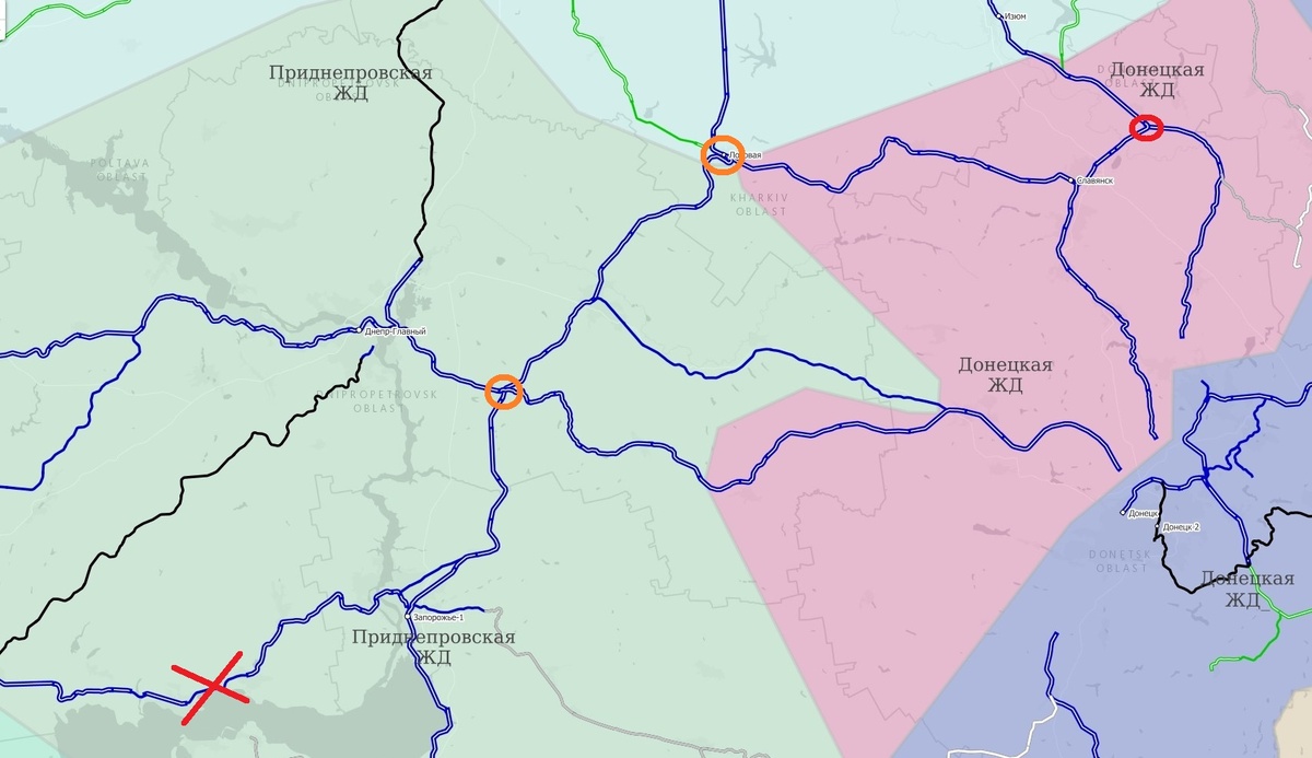 Схема железных дорог в районе Лозовая – Синельниково. Красный крест – не работающая ж/д Кривой Рог – Запорожье, красный овал – ж/д станция Лиман (находящаяся примерно в 12 км от линии фронта и предположительно тоже не работающая). Жёлтым выделены ж/д станции Лозовая (вверху) и Синельниково