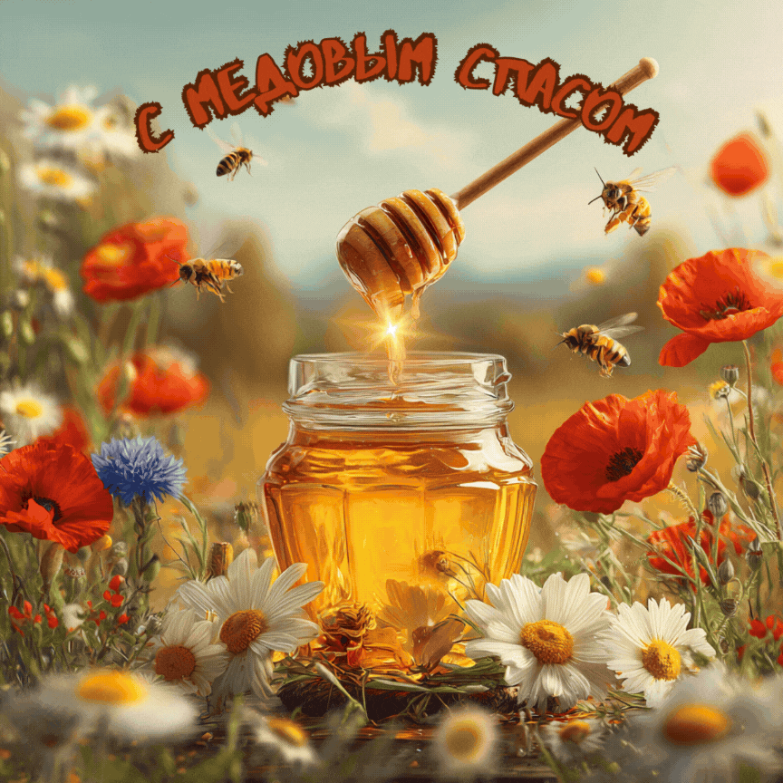 Открытка создана «Известиями»
Яркая гифка с поздравлением для друзей на Медовый спас