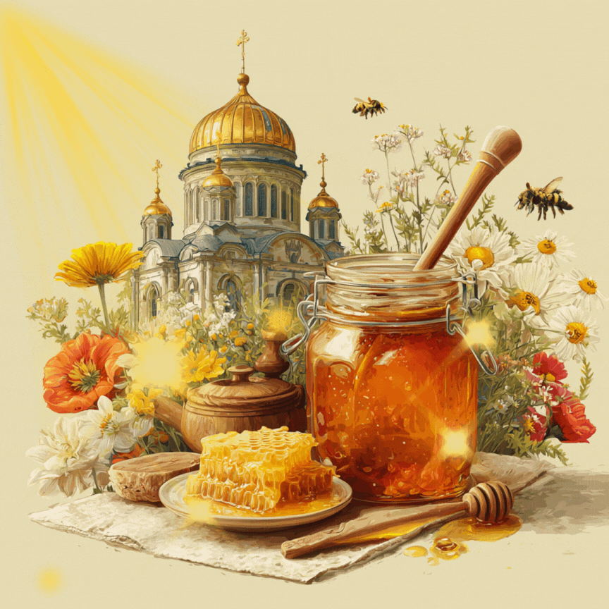 Открытка создана «Известиями»
Анимация с сотами и медом — поздравление с Медовым спасом