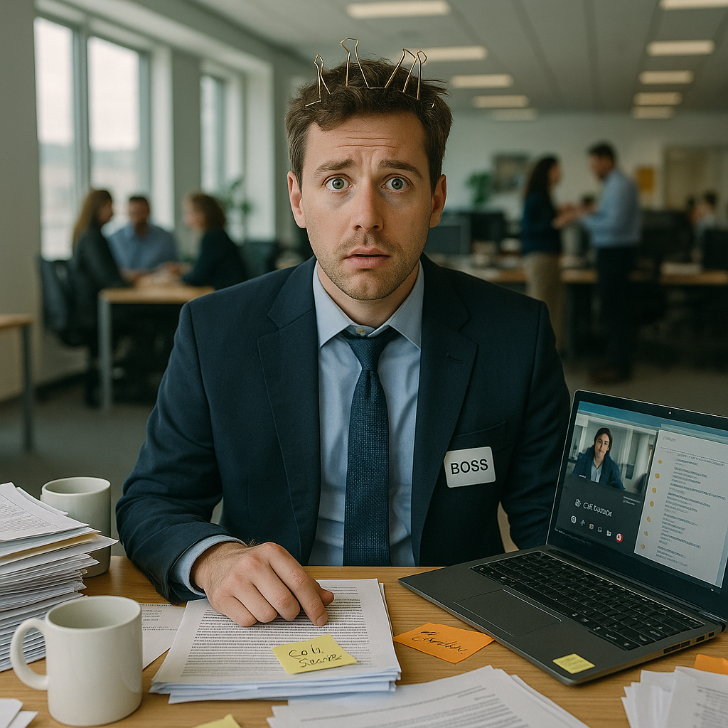 ЧатГПТ говорит, что "такой визуал подчеркивает: да, ты теперь начальник, но пока что в этом больше хаоса, чем пафоса." Оставляю читателю на откуп