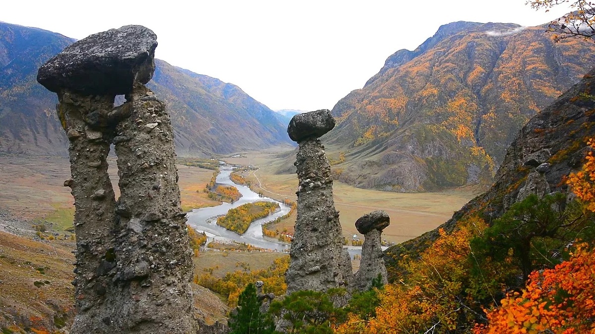 Вид на долину реки Чулышман со склона горы в ущелье Карусу, урочище Аккурум, Горный Алтай
