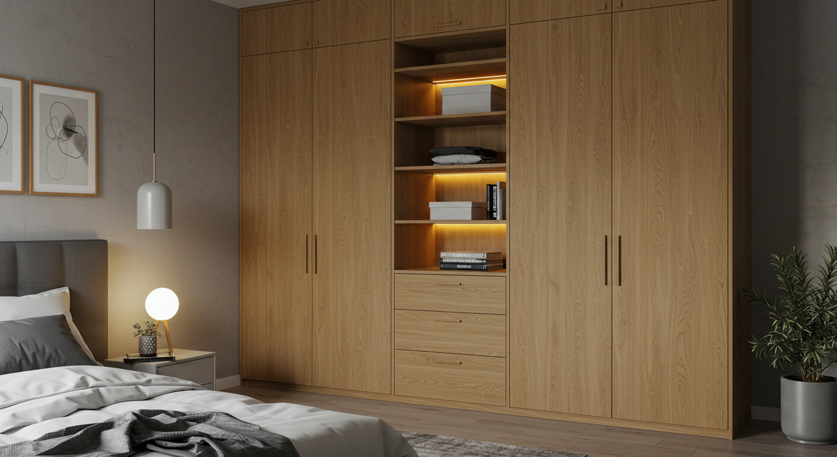 Современный шкаф с ящиками в спальню
