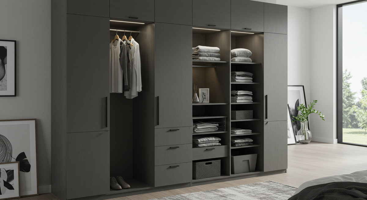 Современный шкаф, сделанный по размерам, в интерьере квартиры