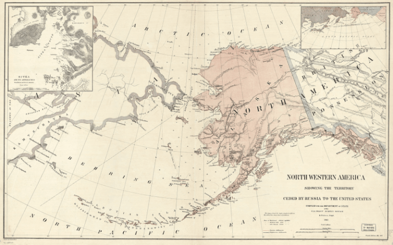    Карта Северо-Западной Америки 1867 года с отмеченными территориями, которые были переданы США Россией. Источник: 12millionov.com