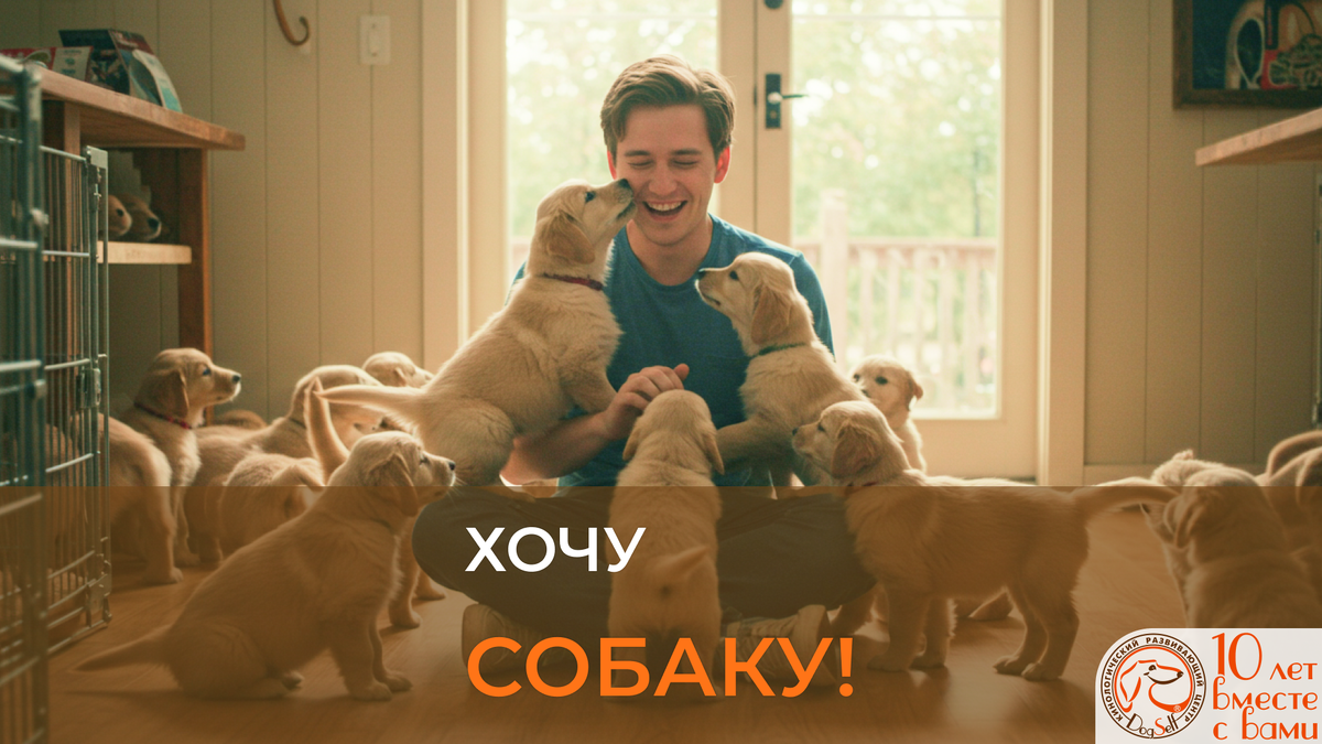 Иллюстрация к статье о правильном выборе собаки: счастливый будущий владелец в доме заводчика окружён помётом щенков золотистого ретривера. Фото: DogSelf.