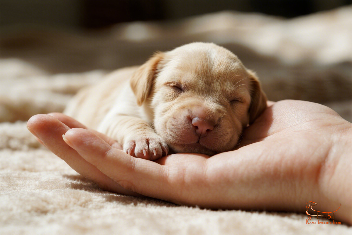 Символ ответственности и доверия при выборе щенка: крошечный, новорождённый щенок лабрадора безмятежно спит в человеческой ладони. Фото: DogSelf.