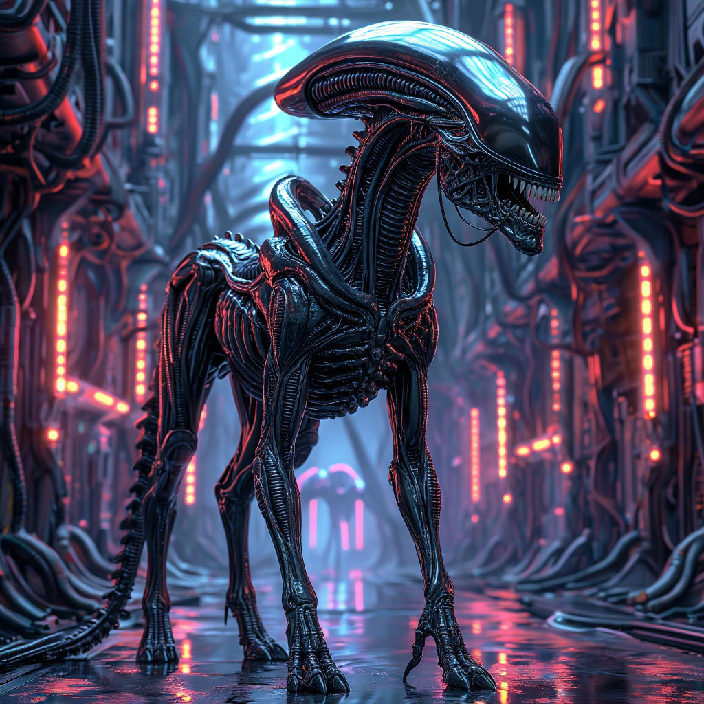 ## Ксенолошадь (Equus Xenomorphus)

**Описание существа:**
Гибрид сочетает в себе биомеханическую природу ксеноморфа и грациозность лошади. Это крупное существо высотой до 2,5 метров в холке.

**Физические характеристики:**
* Прочный экзоскелет с характерным для ксеноморфов кислотным составом
* Мускулистое телосложение лошади с удлиненным торсом
* Четыре мощные конечности с острыми когтями
* Хвостовая часть с ядовитым наконечником
* Голова сочетает черты лошади и ксеноморфа: вытянутая морда с жвалами и характерным внутренним ртом

**Особенности строения:**
* Двойная дыхательная система: как у лошадей (лёгкие) и дополнительная система, подобная ксеноморфам
* Кислотная кровь, защищающая от внешних повреждений
* Способность к быстрой регенерации тканей
* Развитый интеллект, превосходящий обычный уровень лошади

**Поведение:**
* Территориальное существо, способное к стайной организации
* Высокая агрессивность при угрозе
* Способность к обучению и выполнению команд (при правильной дрессировке)
* Развитые охотничьи инстинкты

**Тактика атаки:**
* Использует передние конечности для захвата
* Применяет хвостовой шип для атаки
* Может использовать жвала для впрыскивания парализующего вещества
* Способен развивать высокую скорость при беге

**Среда обитания:**
Предпочитает полуоткрытые пространства с возможностью укрыться в пещерах или густых лесах. Избегает экстремальных температур.