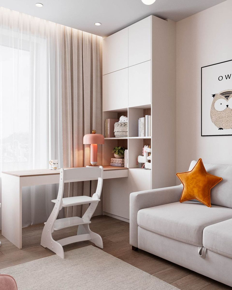 Разбавить такой спокойный фон в отделке и текстиле можно яркими аксессуарами — декоративными подушками, например. Проект квартиры ЖК «Цивилизация», студия дизайна и ремонта Katushhha