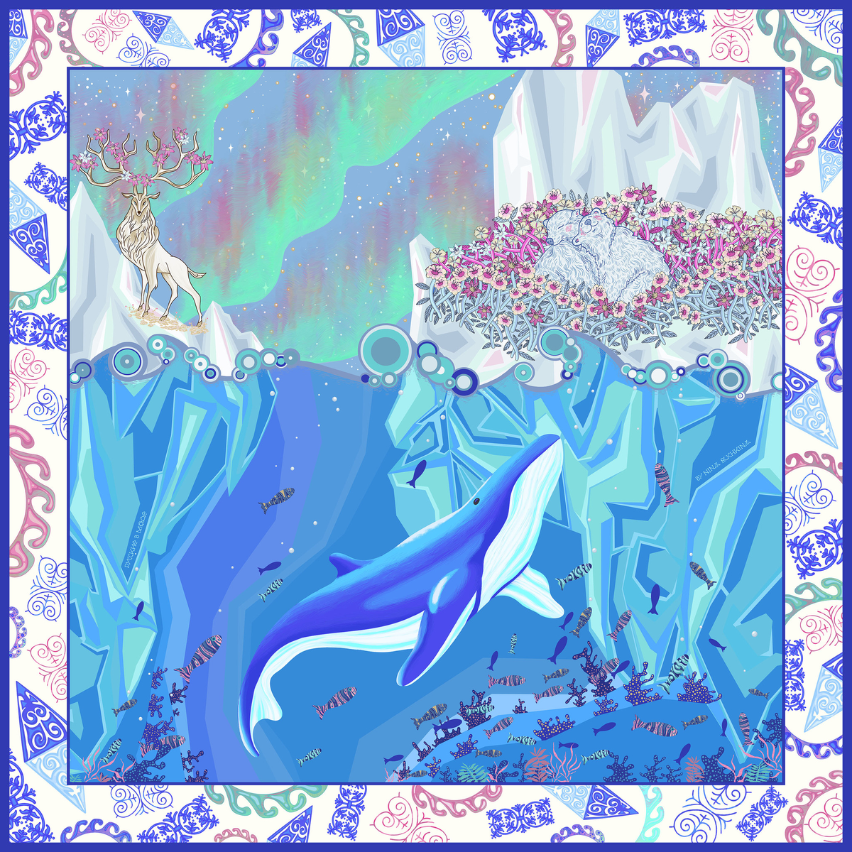 Платок «Весна в Арктике». 100% шелк. 90х90 см. Над дизайном работали: Нина Ручкина, Ксения Ковражкина