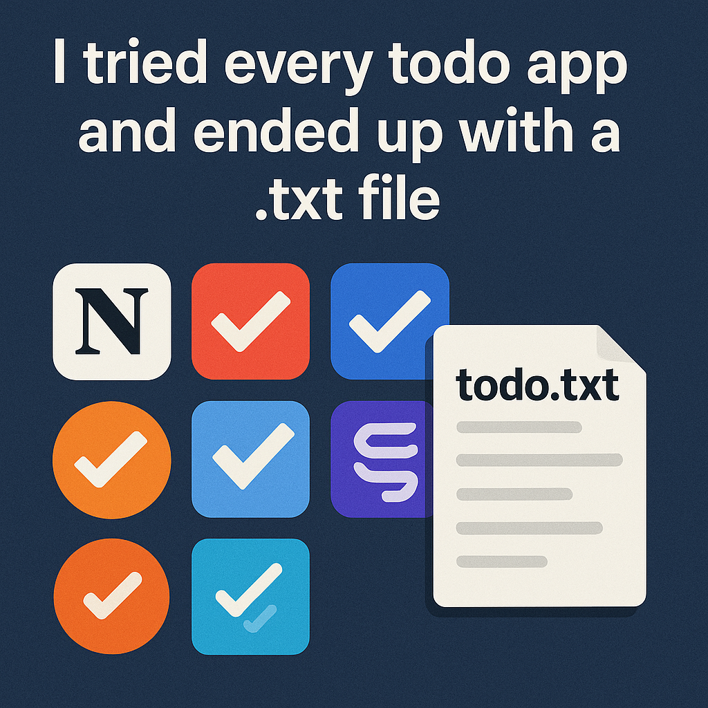 Минималистичная иллюстрация, где яркие иконки популярных приложений для задач окружают простой файл todo.txt, символизируя переход автора от сложных сервисов к лёгкому и надёжному решению.