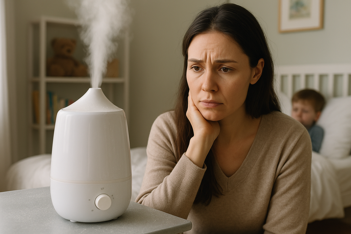 Мама обеспокоенно смотрит на увлажнитель, ребенок кашляет на фоне