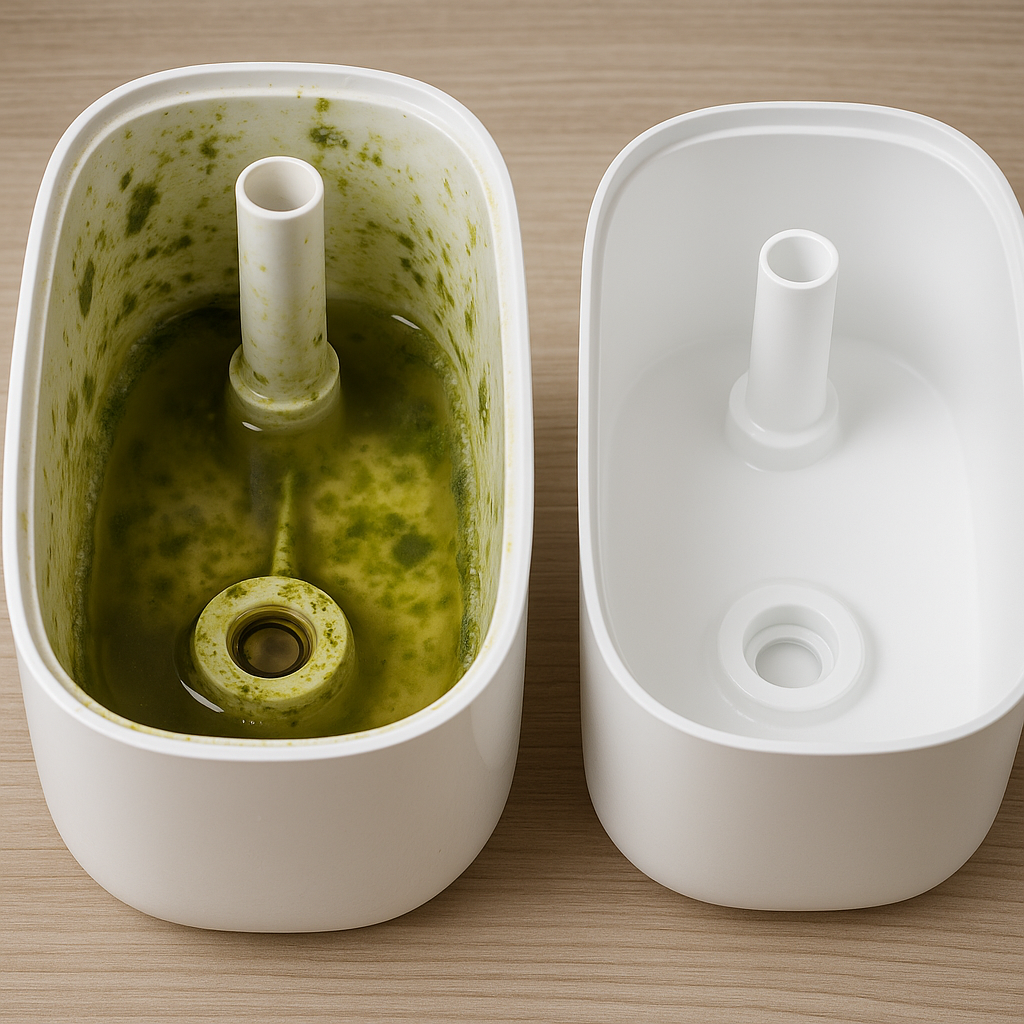 Загрязненный резервуар увлажнителя с плесенью рядом с чистым