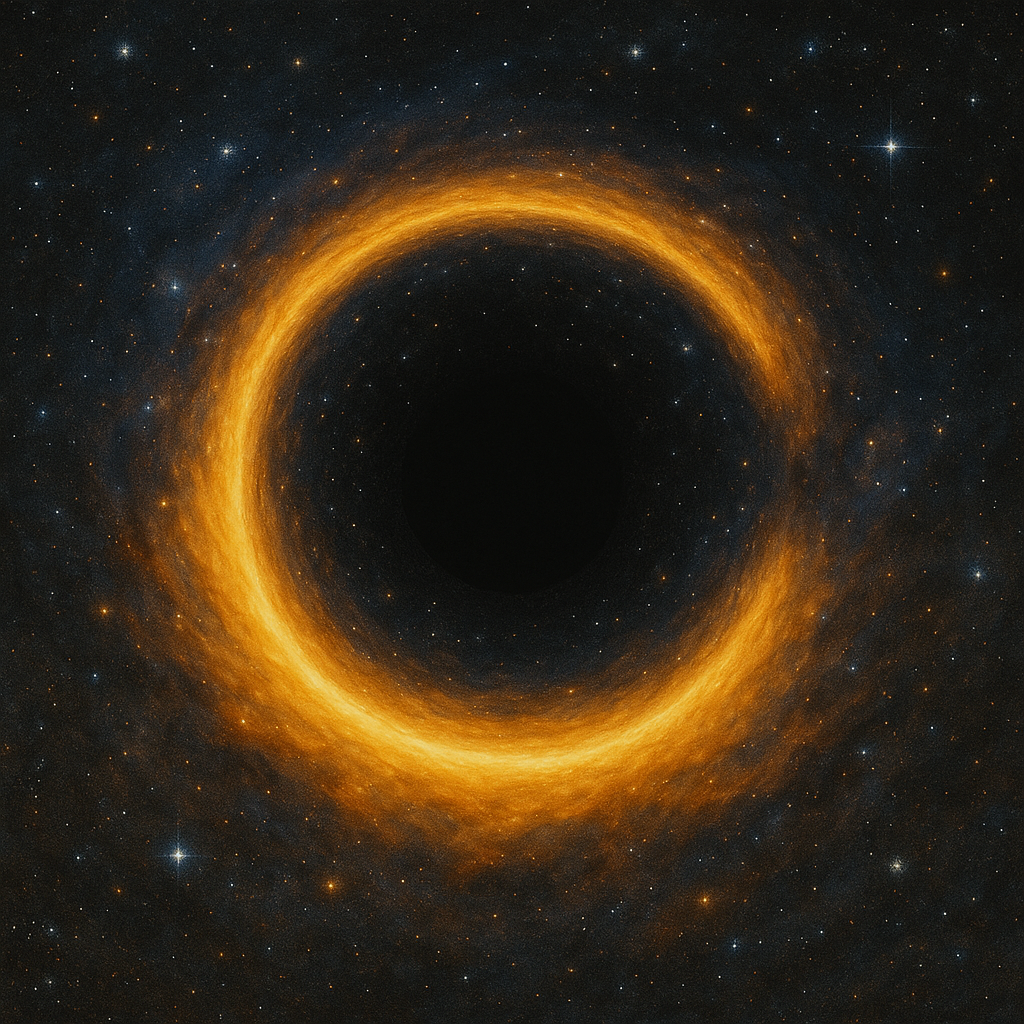 Высокодетализированная астрофотографическая иллюстрация, показывающая «Космическую подкову» — гравитационное линзирование вокруг сверхмассивной чёрной дыры, формирующее яркое кольцо света на фоне звёзд и туманностей.