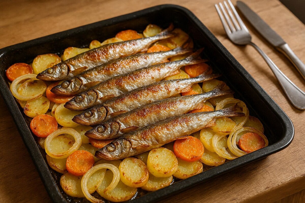 Мойва, запеченная в духовке с овощами