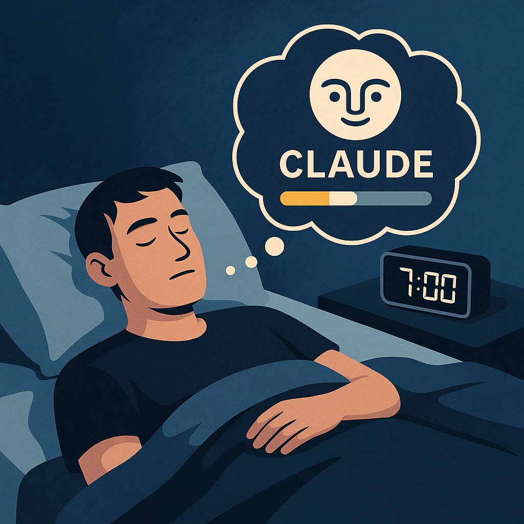Иллюстрация изображает человека, спящего в кровати рядом с будильником на 7:00, с облаком-мыслью, намекающим на связь его режима сна с перезапуском лимита Claude Pro.