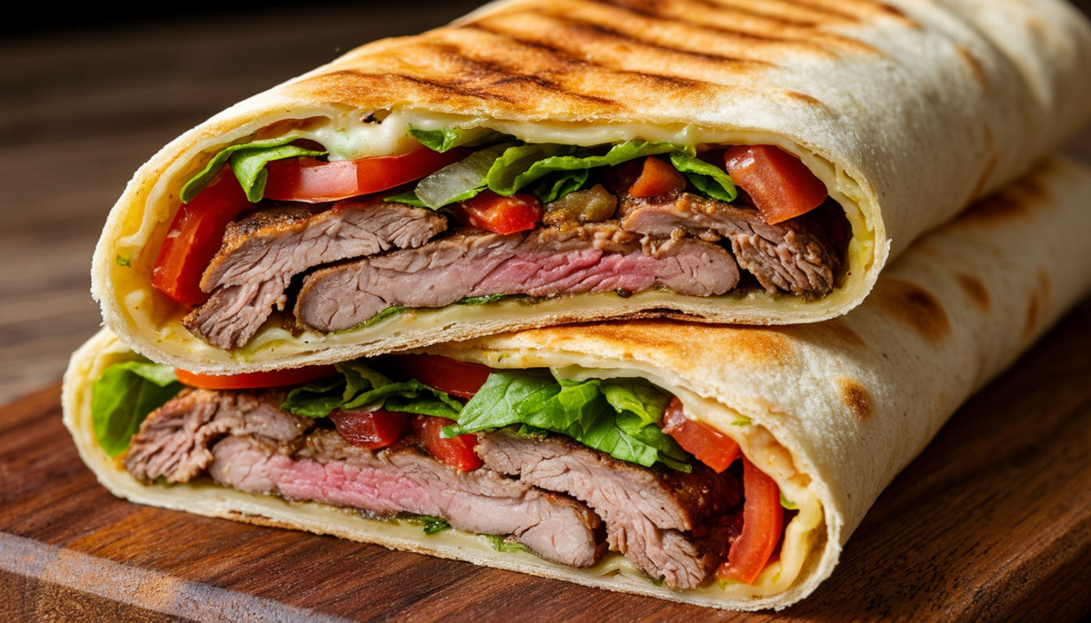 Аппетитная восточная шаурма с мясом и свежими овощами в разрезе.