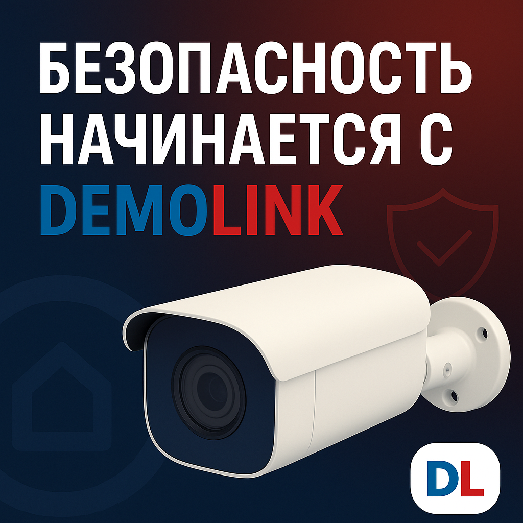 Фирменная обложка DemoLink с белой IP-камерой и логотипом на фоне синего и красного градиента с надписью «Безопасность начинается с DemoLink» — символ надёжности, технологичности и защиты.