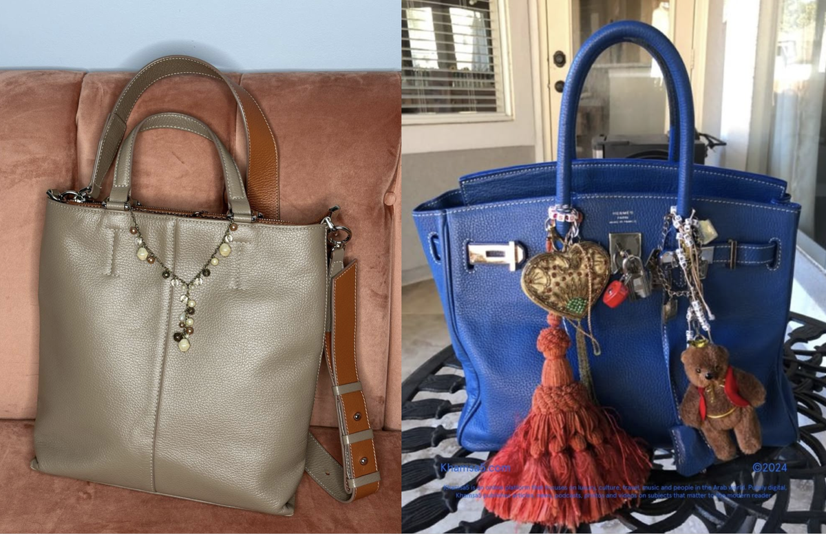 Слева моя сумка (больше в ТГ канале, ссылка в конце статьи), справа - консервативная Hermes Birkin, распатроненная, с заправленным клапаном и увешанная всякой ерундой (в перепродаже такая стоит больше 3млн рублей, и таки да, я считаю, что повесить на неё шторную кисть из потерянного комплекта и свою детскую игрушку - это хорошая идея). Главное: пока носишь сумку аккуратно (если только не работаешь в офисе или не вращаешься в консервативной деловой среде), непоянтно, что она твоя. Будто с чужого плеча: носишь и дрожишь, а вдруг вернуть попросят? Мамина, из комиссионки - все внове и страшно. 