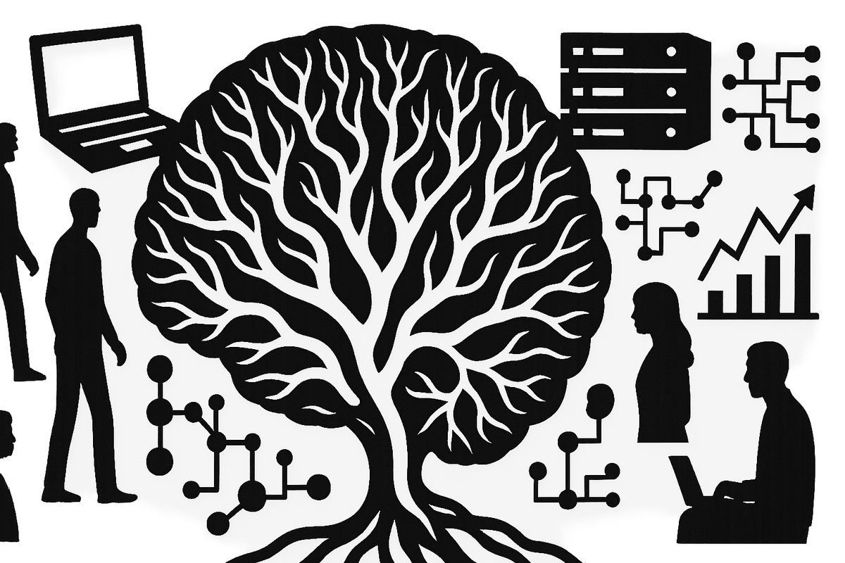 Центр — нейросеть как переплетённая структура, вокруг — технологии, данные и люди: визуальный образ влияния ИИ на общество.