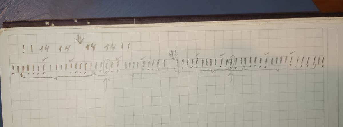 Восклицательный знак- изнаночная, вертикальная палочка - лицевая,; фигурной скобкой обозначен раппорт, восклицательные знаки с галочкой в разворотах не участвуют, стрелками указаны последние петли разворотов